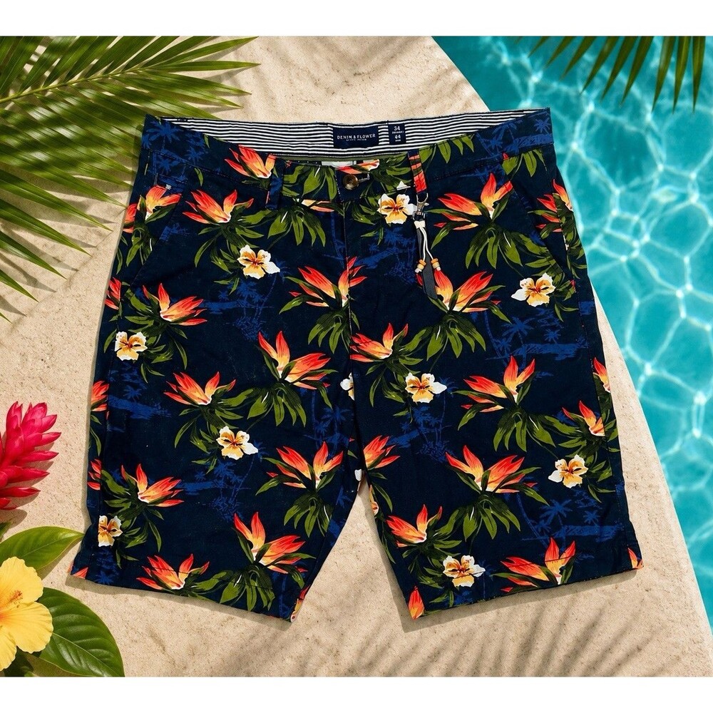 Denim & Flower Ricky Singh Men’s Chino Shorts Floral Tropical Stretch